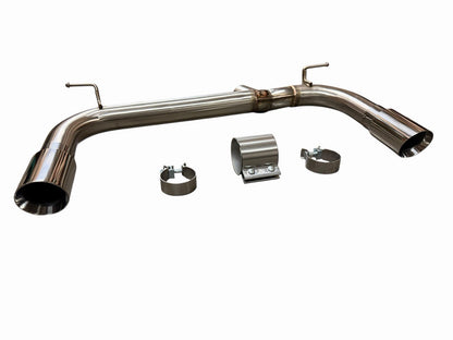 Polished axle back muffler exhaust for BMW F30 F32 335i 435i from JackSpania Racing, showing the shiny metal finish and pipe details.