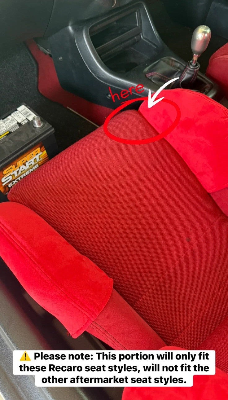 JackSpania Racing suede seat protector set for Recaro SR3 and SR4 semi-bucket seats, shown installed on car seats.