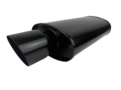 Black JackSpania Racing single wall universal short tip exhaust muffler with 3-inch inlet and 3.5-inch outlet for car exhaust systems.