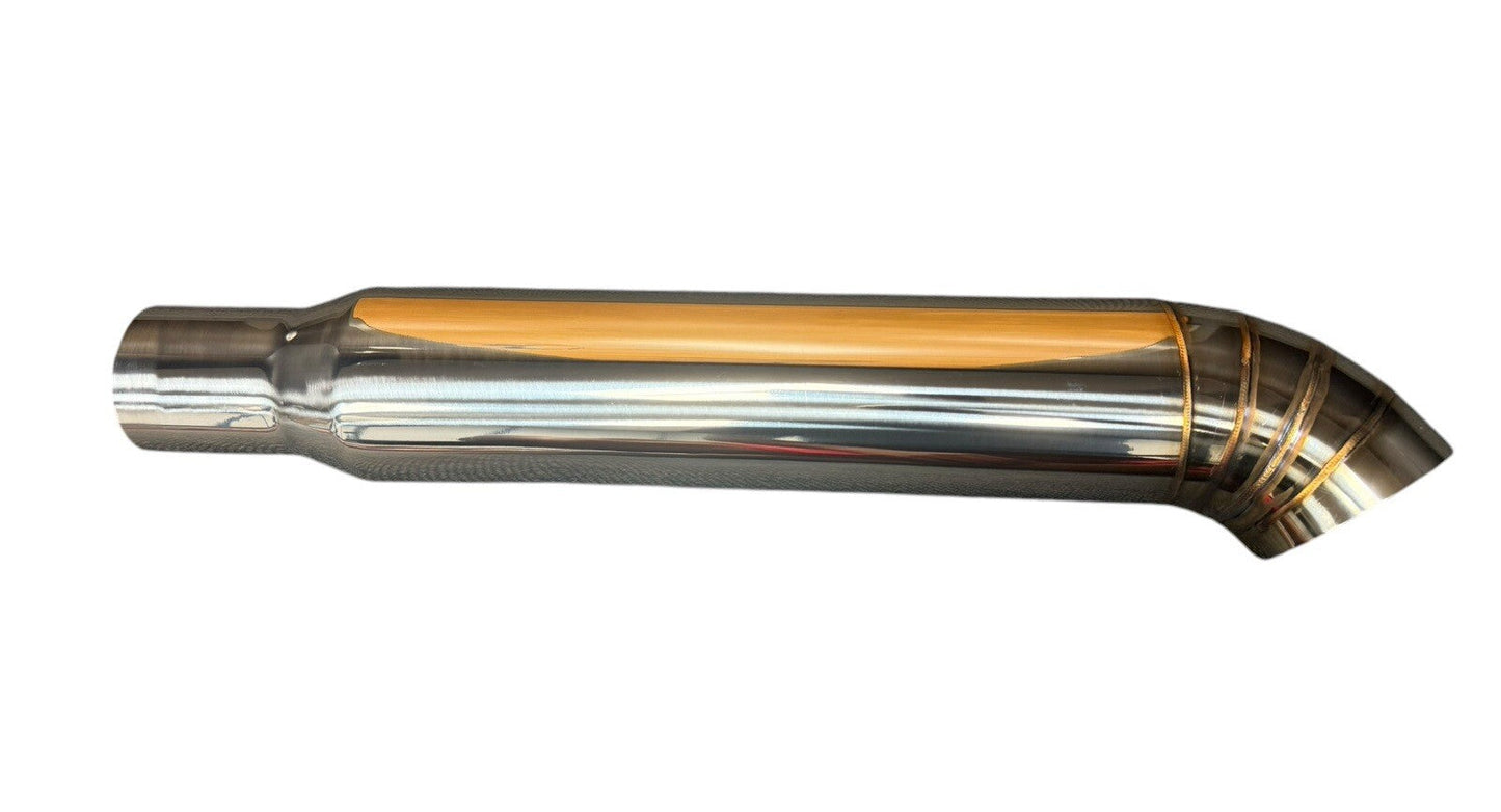 JackSpania Racing single tip stainless blastpipe exhaust part with 3-inch to 4-inch turn down pie cut design.