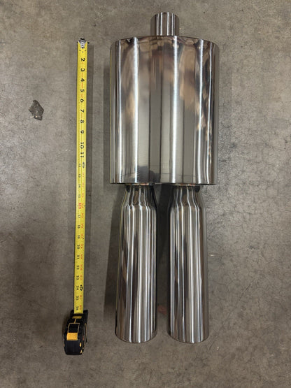Polished JackSpania Racing 2.5-inch Fireball Mega Blastpipe Muffler VIP Tip with dual outlet, designed for high-performance exhaust systems.