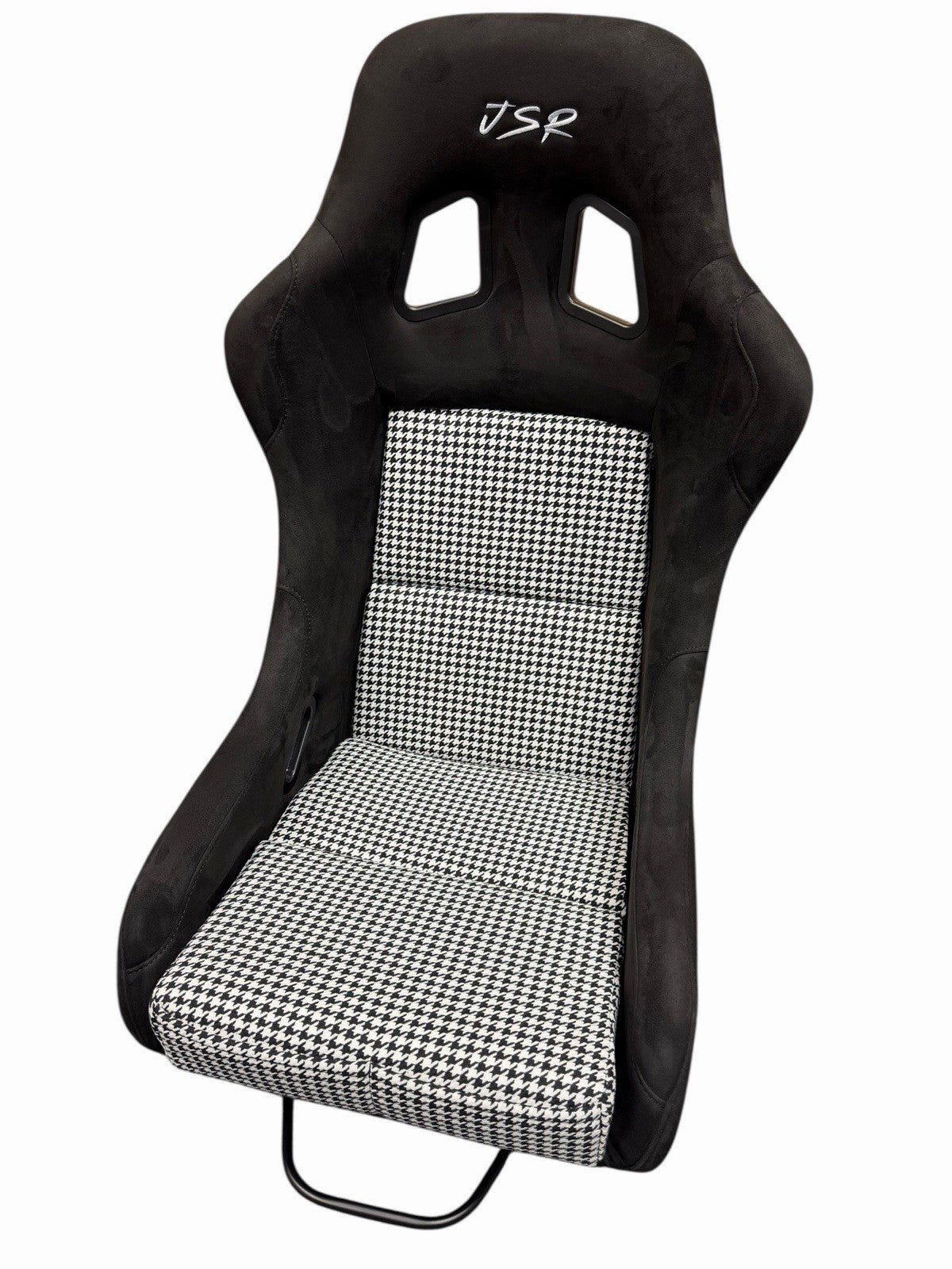 JackSpania Racing ultra lightweight fixed bucket seat with suede upholstery, mounted with rails and sliders for interior racing car use.