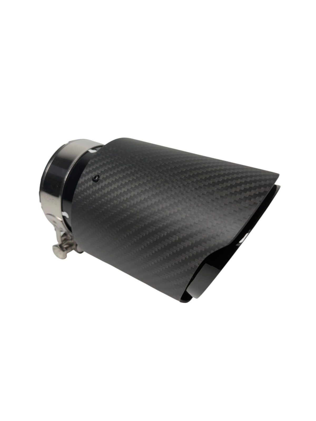 JackSpania Racing carbon fiber exhaust pipe tip, 3-inch universal tailpipe with sleek black finish and polished metal accents.