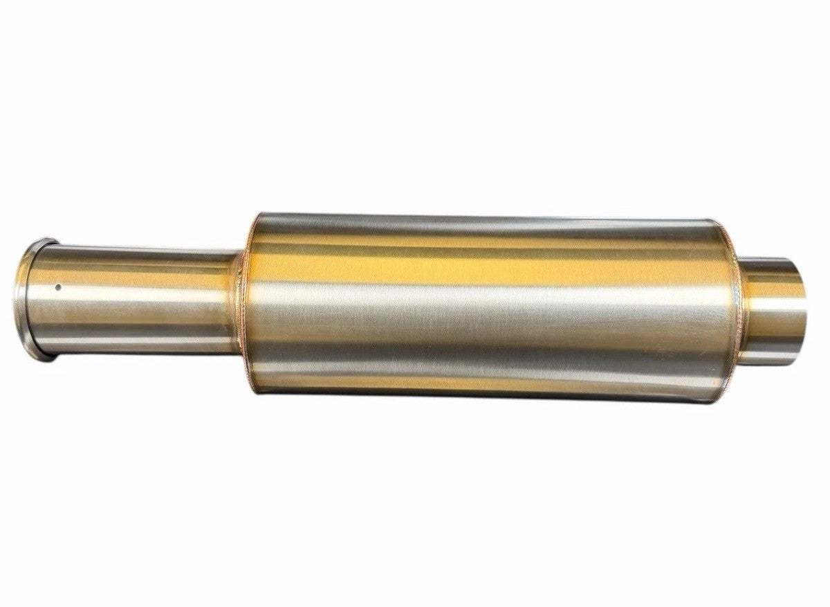 Stainless steel JackSpania Racing brushed rolled tip muffler with universal inlet and 3-inch outlet, spoon style exhaust part.