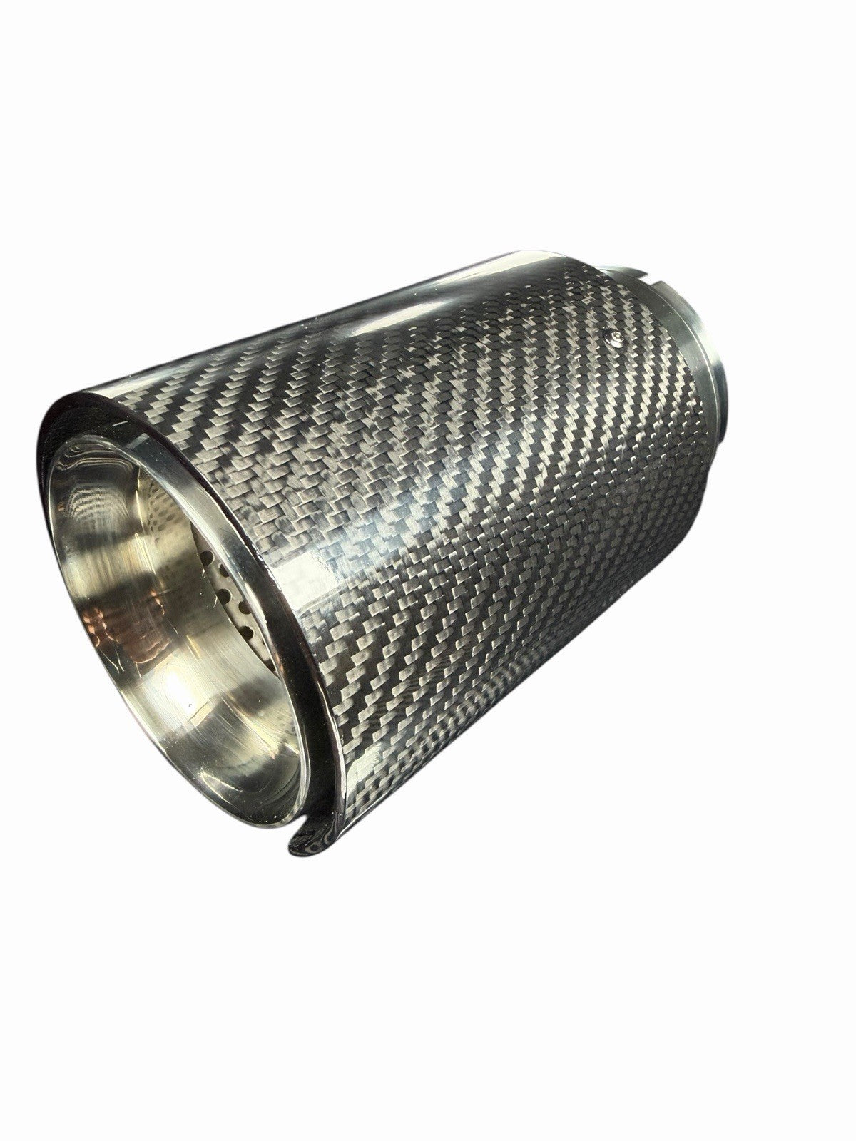 Gloss resonated carbon fiber exhaust pipe tip, 3-inch M Performance style, by JackSpania Racing, showing the sleek, shiny finish and design.