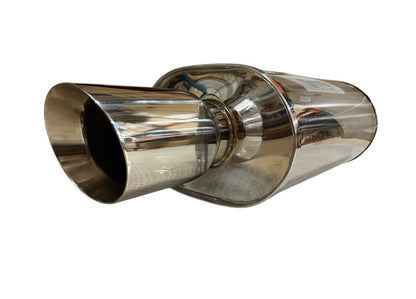 Polished JackSpania Racing dual wall universal short tip muffler with 3-inch inlet and 3.5-inch oval outlet for exhaust systems.