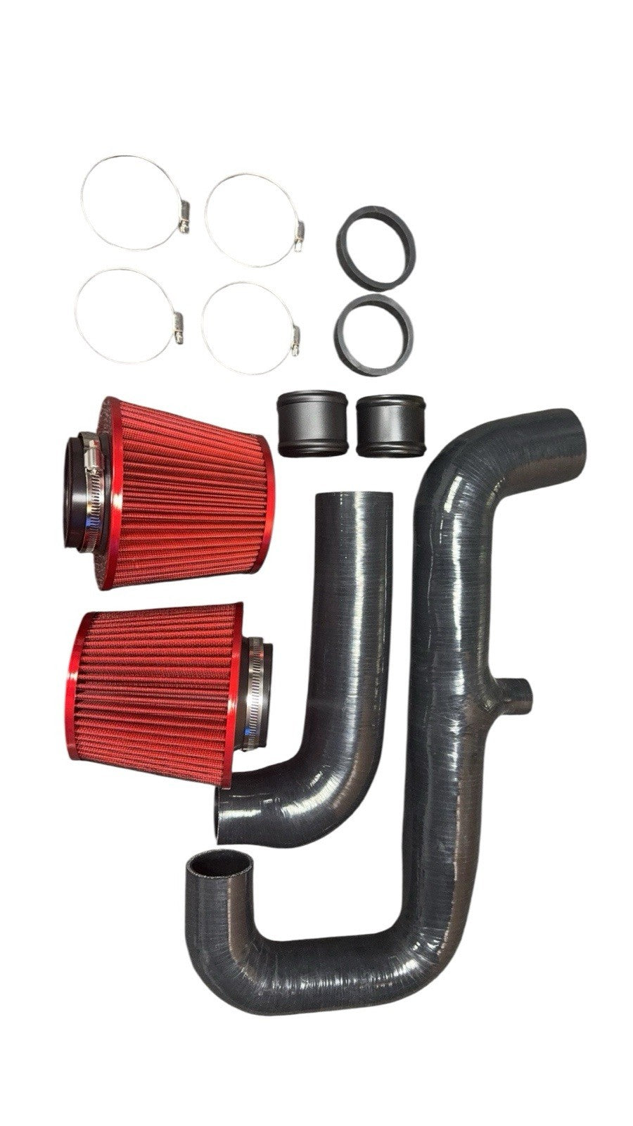 JackSpania Racing high flow cold air intake kit for 2007-12 BMW 135i 335i 335is 335xi N54 turbo engine, with metal and silicone components.