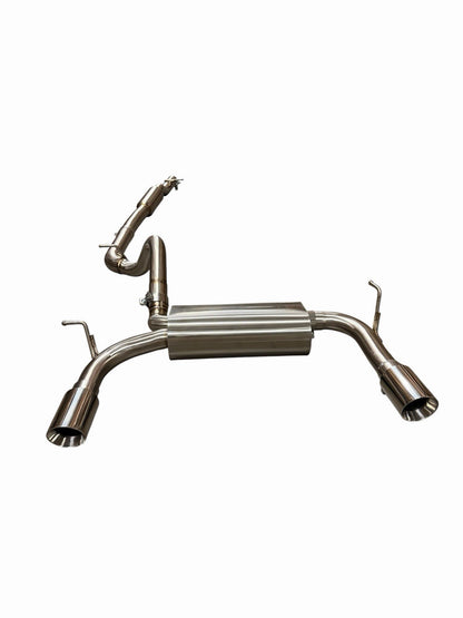 Stainless steel dual tip cat-back exhaust system for 2007-2018 Jeep Wrangler JK by JackSpania Racing, shown installed on vehicle.