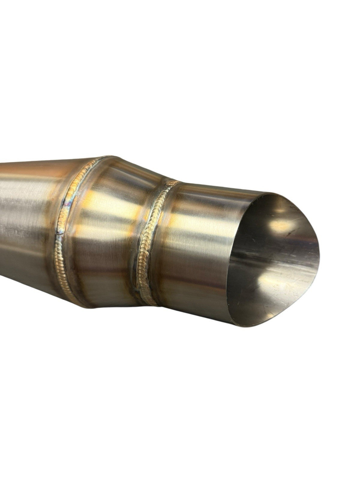 Stainless steel 2.5-inch custom megaphone exhaust pipe with reverse cone hood exit, designed for JackSpania Racing vehicles.