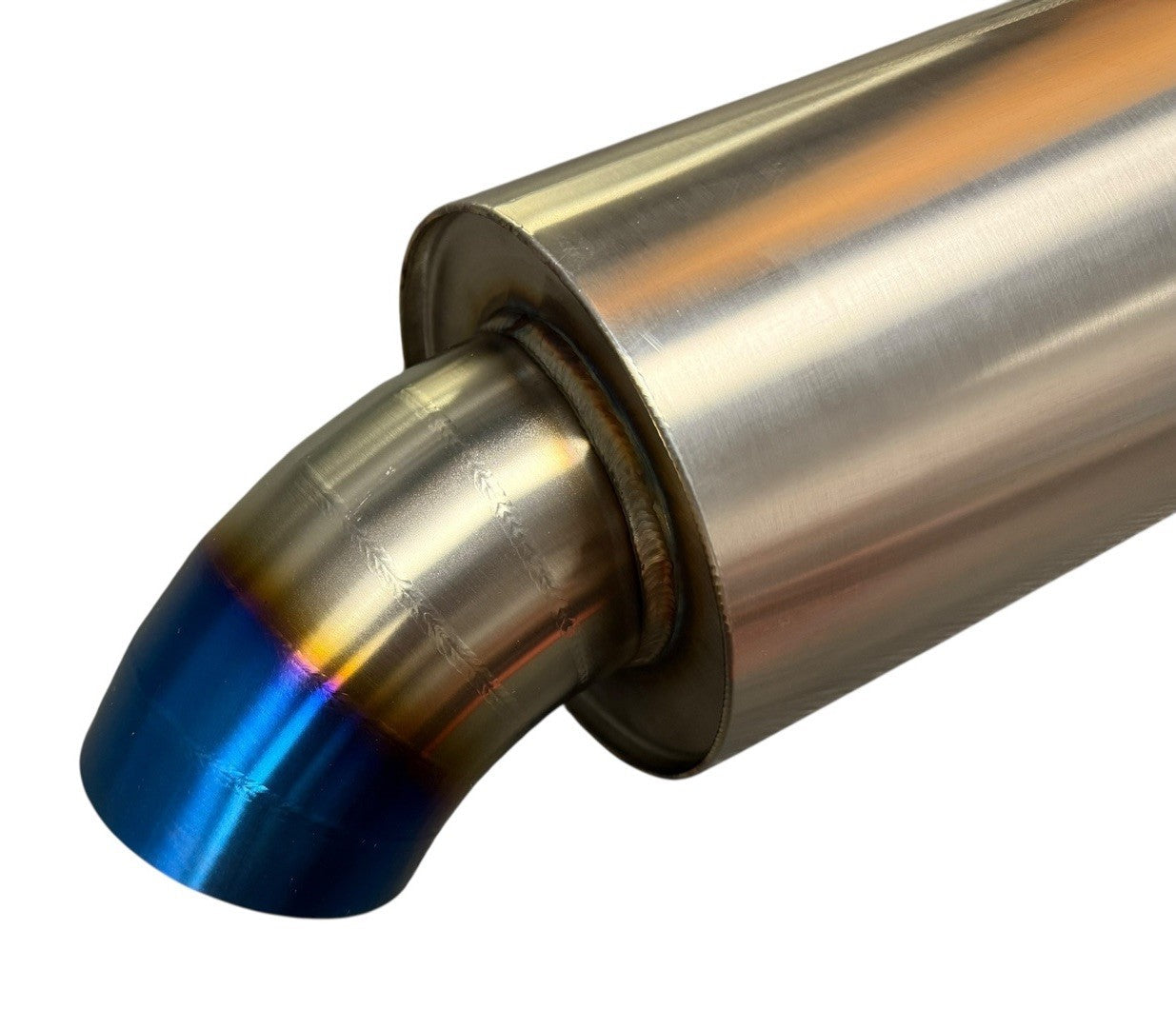 Stainless steel 2.5" 3" inlet turn down pie cut dolphin muffler exhaust part by JackSpania Racing, showing the polished pipe and inlet.