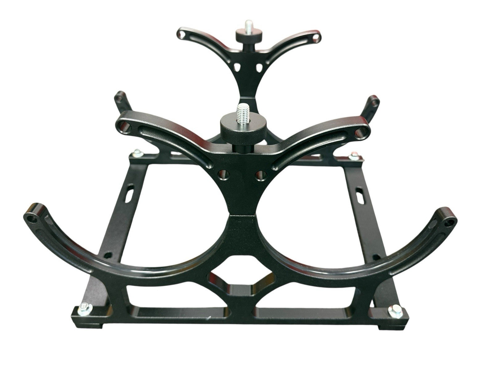 Black billet aluminum dual bottle holder bracket for nitrous oxide bottles by JackSpania Racing, designed for exterior installation.