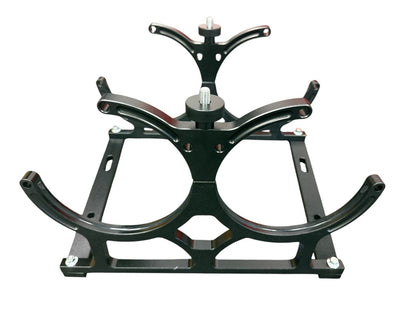 Black billet aluminum dual bottle holder bracket for nitrous oxide bottles by JackSpania Racing, designed for exterior installation.