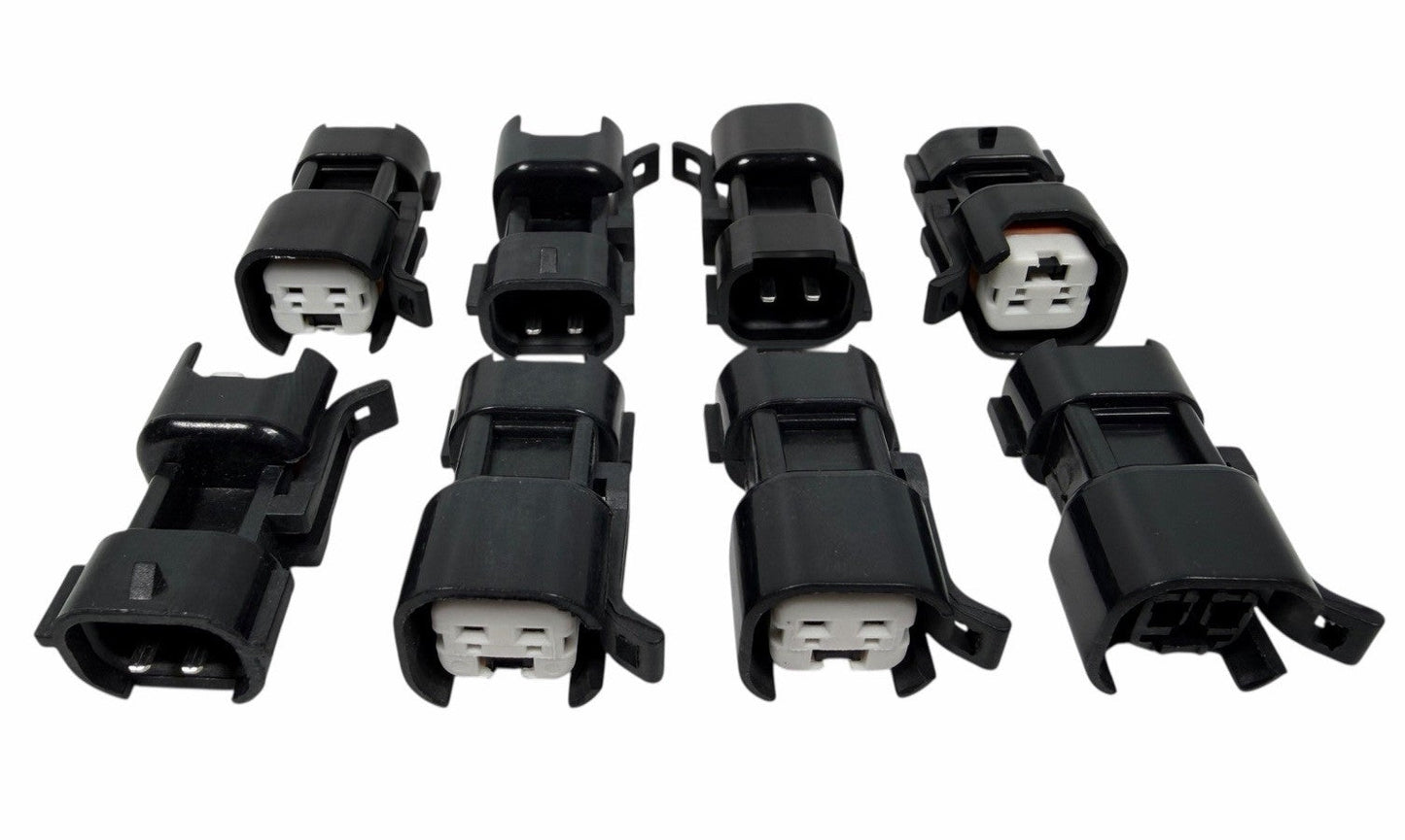 JackSpania Racing USCAR EV6 EV14 fuel injector adapter connector set of 8 for Denso style engine parts, shown in the image.