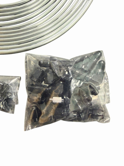 Stainless brake line tuck kit with banjo bolts for Honda Civic and Acura Integra, shown with brake lines and fittings by JackSpania Racing.