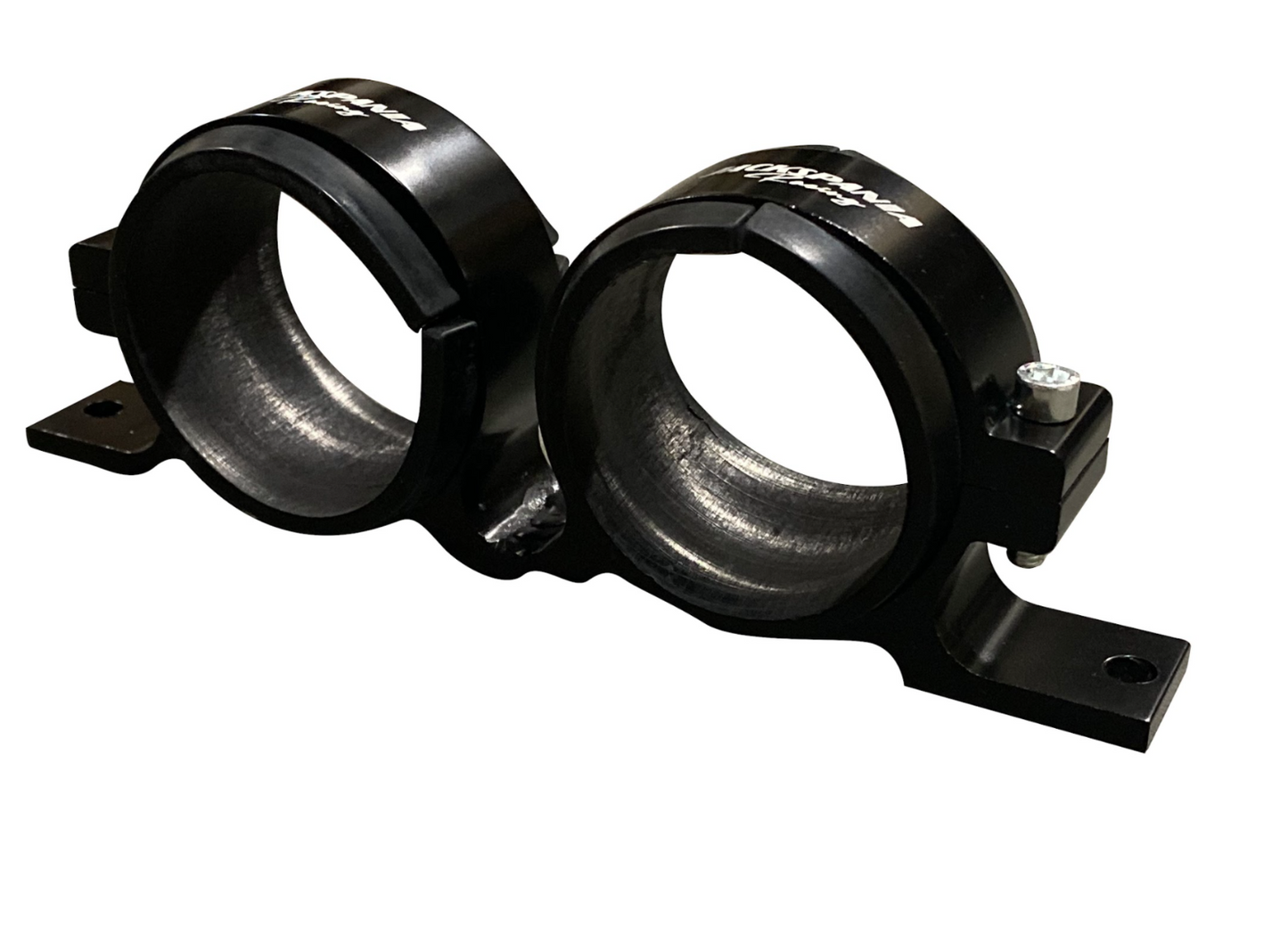 Jack Spania Racing billet aluminum dual fuel pump clamp mounting bracket for Bosch 044 and AEM 380LPH fuel pumps.