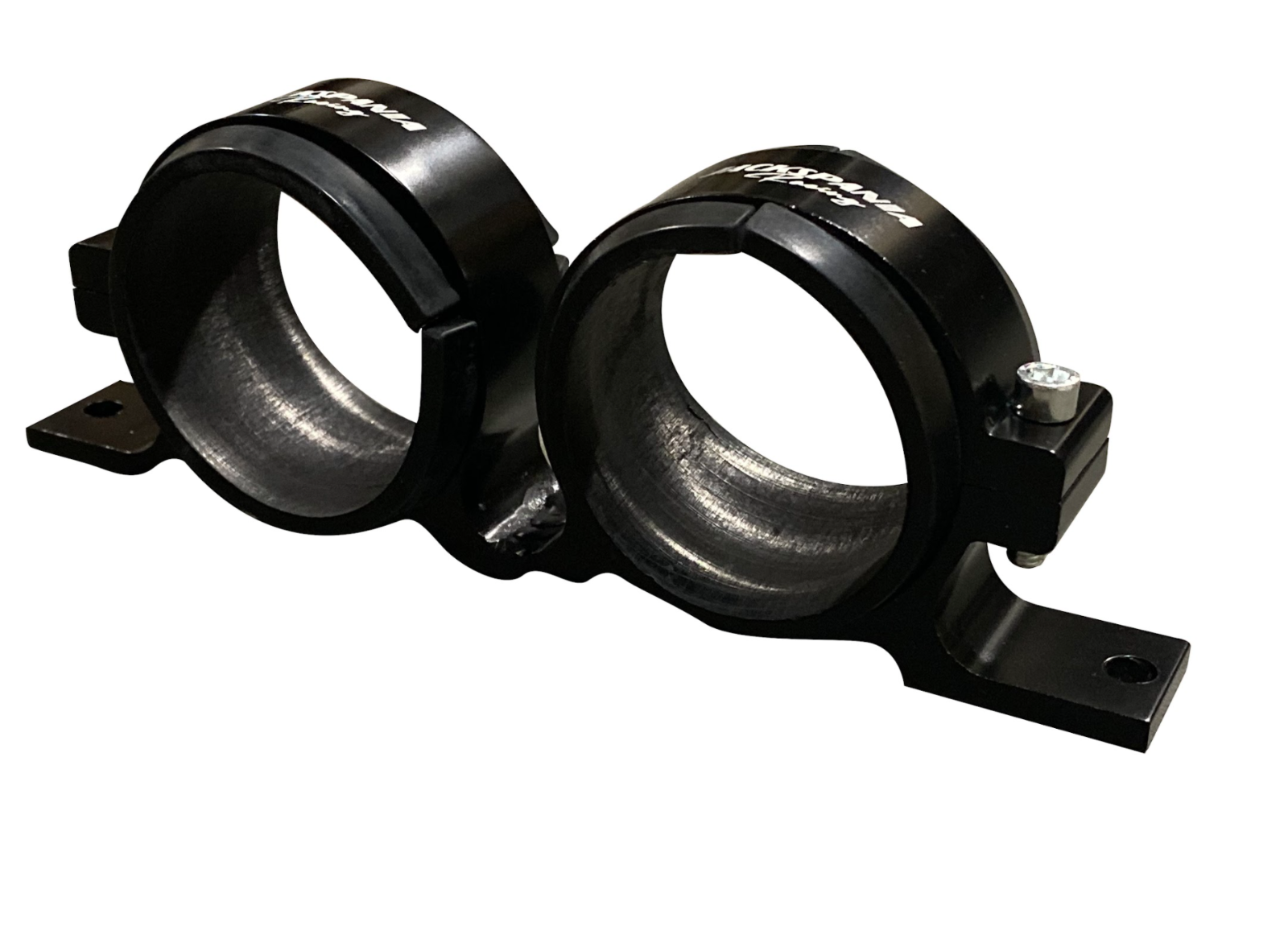 Jack Spania Racing billet aluminum dual fuel pump clamp mounting bracket for Bosch 044 and AEM 380LPH fuel pumps.