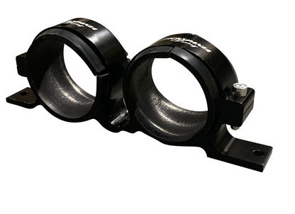 Jack Spania Racing billet aluminum dual fuel pump clamp mounting bracket for Bosch 044 and AEM 380LPH fuel pumps.
