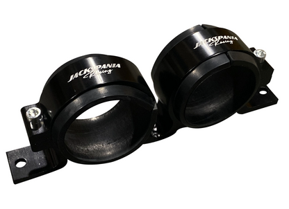 Billet aluminum dual fuel pump clamp mounting bracket for Bosch 044 and AEM 380LPH fuel pumps, by Jack Spania Racing.