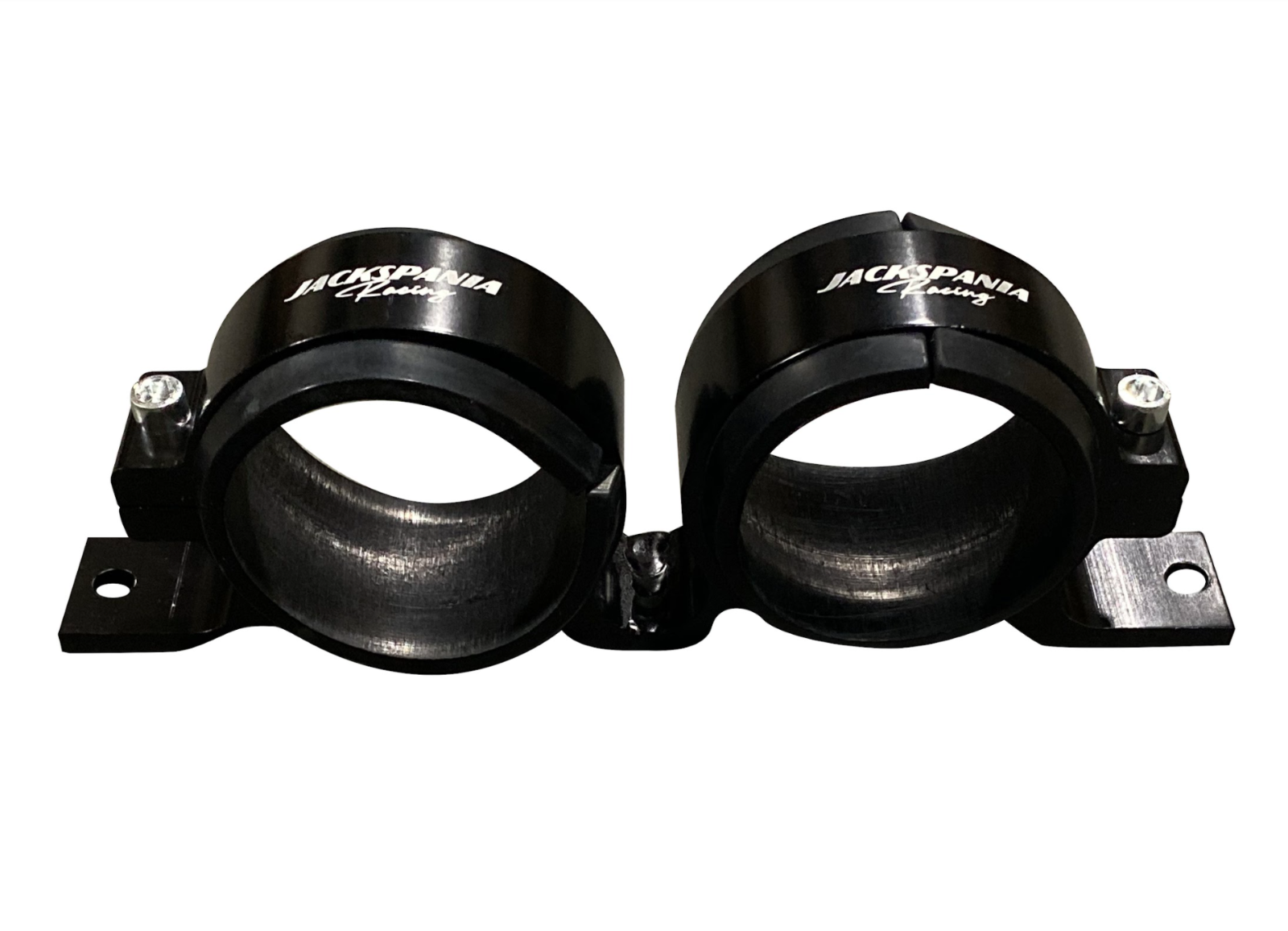 Jack Spania Racing billet aluminum dual fuel pump clamp mount for Bosch 044 and AEM 380LPH fuel pumps, engine parts.