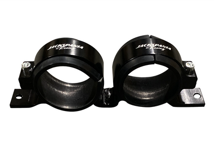 Jack Spania Racing billet aluminum dual fuel pump clamp mount for Bosch 044 and AEM 380LPH fuel pumps, engine parts.