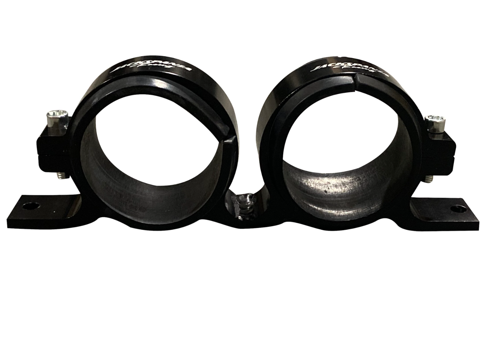 Billet aluminum dual fuel pump clamp mounting bracket for Bosch 044 and AEM 380LPH fuel pumps, by Jack Spania Racing.