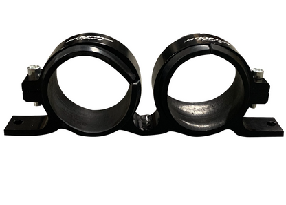 Billet aluminum dual fuel pump clamp mounting bracket for Bosch 044 and AEM 380LPH fuel pumps, by Jack Spania Racing.