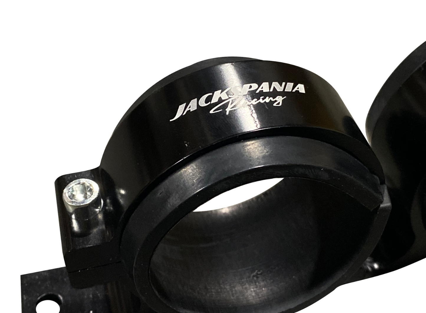 Billet aluminum dual fuel pump clamp mounting bracket for Bosch 044, 380LPH, compatible with AEM, by Jack Spania Racing.