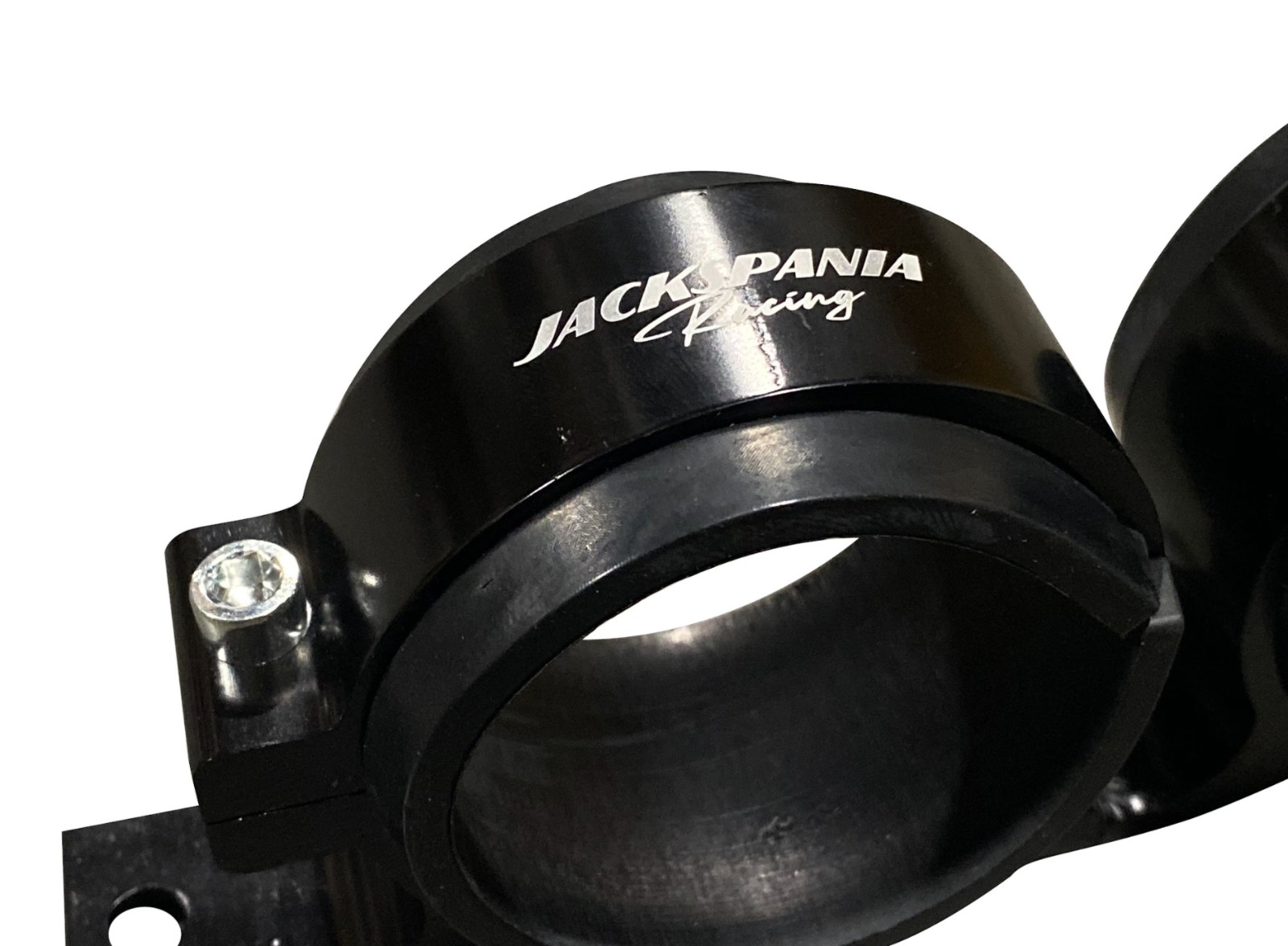 Billet aluminum dual fuel pump clamp mounting bracket for Bosch 044, 380LPH, compatible with AEM, by Jack Spania Racing.