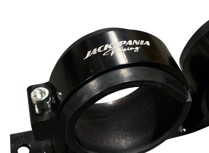 Billet aluminum dual fuel pump clamp mounting bracket for Bosch 044, 380LPH, compatible with AEM, by Jack Spania Racing.