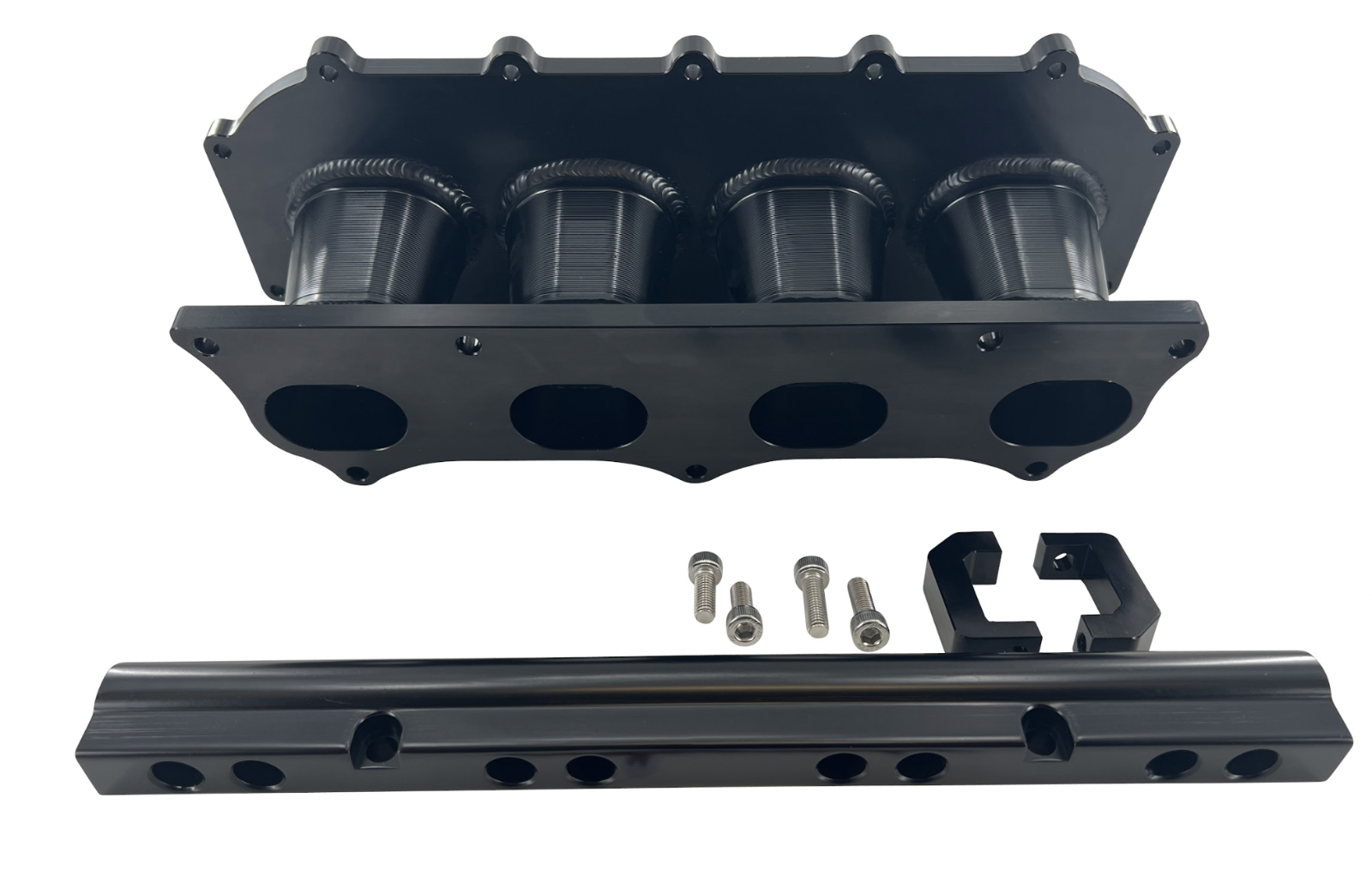Jack Spania Racing billet K Series intake manifold adapter for Skunk2 Ultra engine parts, shown installed on engine.