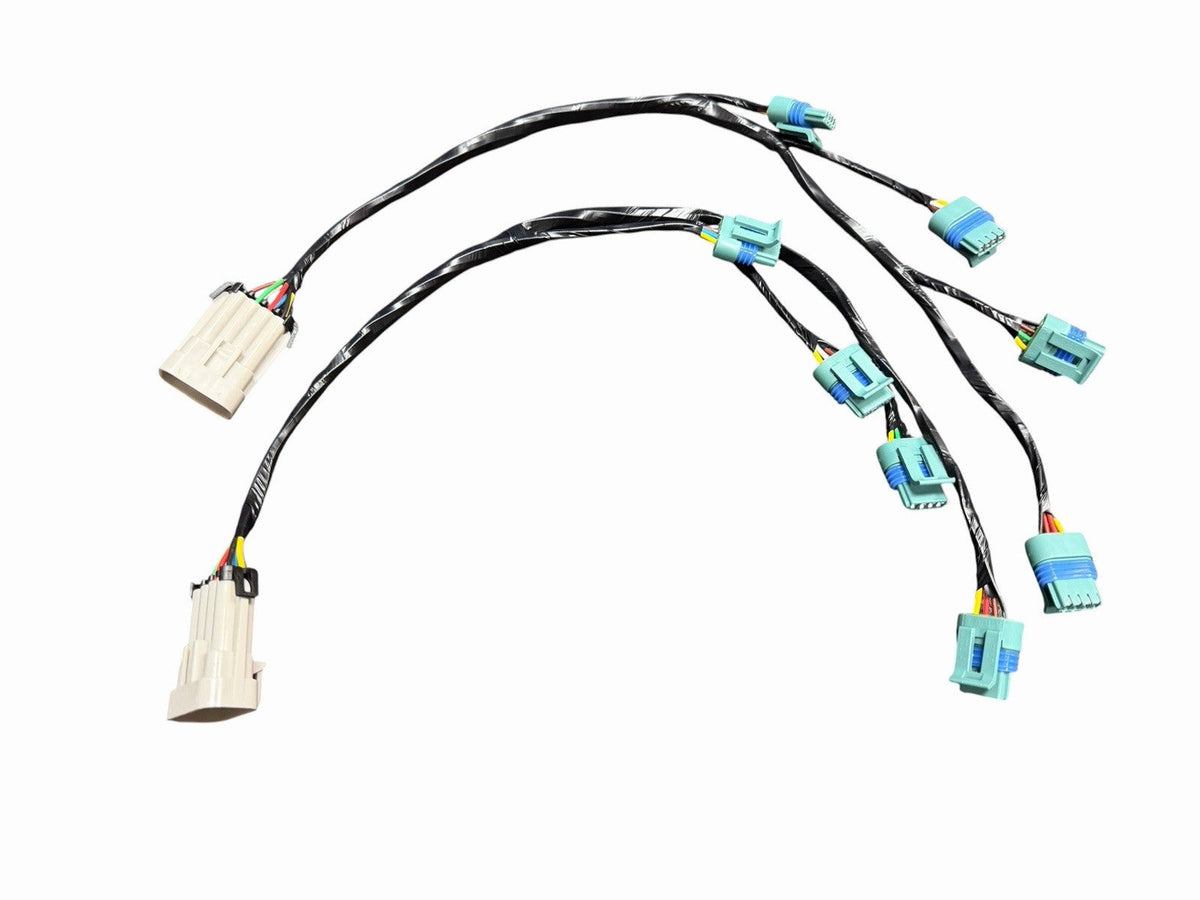 JackSpania Racing GM Delphi ignition coil relocation wiring jumper harness set for LS2, LS3, LS7, LS9 engines, showing wiring connectors.