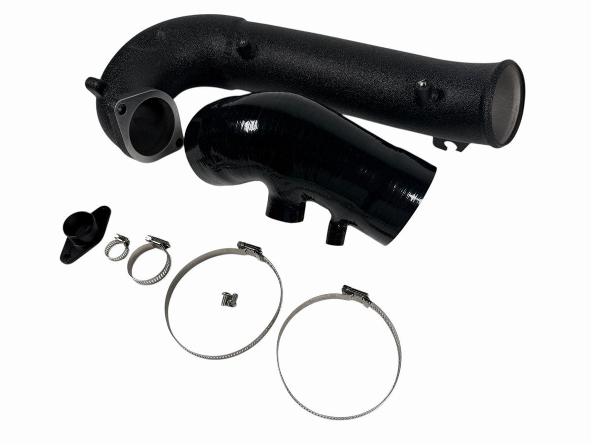 Honda Civic Type R FK8 turbo inlet pipe upgrade kit by JackSpania Racing, showing the polished metal inlet pipe with hoses and clamps.
