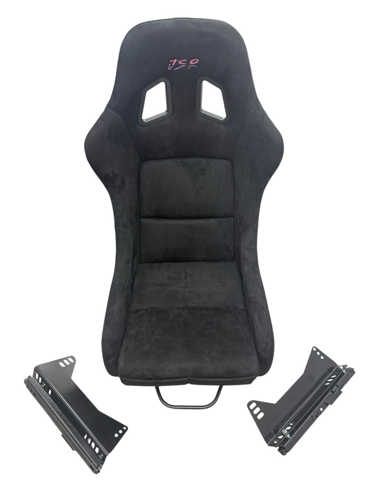 JackSpania Racing universal lightweight fixed bucket seat with rails and sliders, featuring suede upholstery for interior racing comfort.