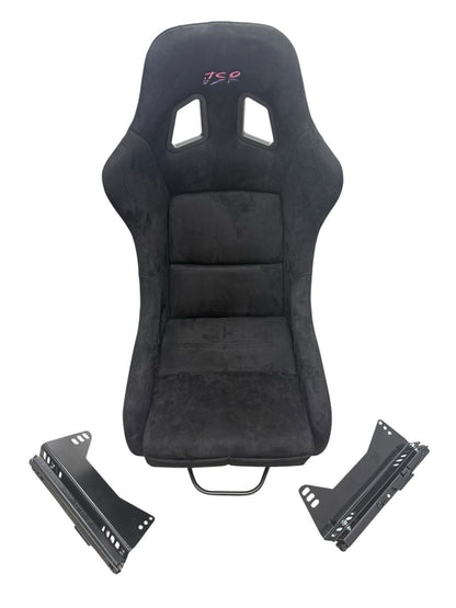 JackSpania Racing universal lightweight fixed bucket seat with rails and sliders, featuring suede upholstery for interior racing comfort.
