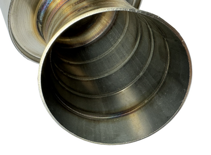 Stainless steel 2.5" and 3" inlet turn down pie cut dolphin muffler exhaust part by JackSpania Racing, showing polished metal finish.