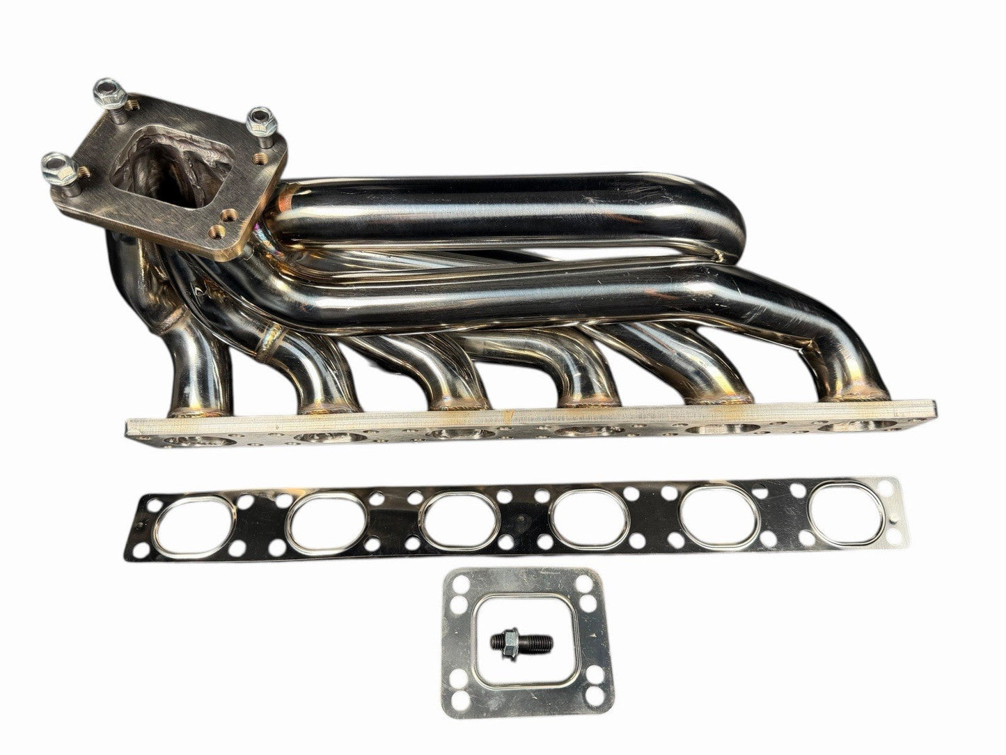 BMW E46, E36, E39 turbo manifold by JackSpania Racing with T3 T4 flange and 44mm wastegate, tubular top mount exhaust part.
