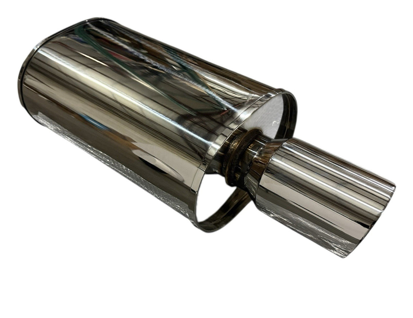 Polished dual wall universal short tip muffler with 3-inch inlet and 3.5-inch outlet, designed for exhaust systems by JackSpania Racing.