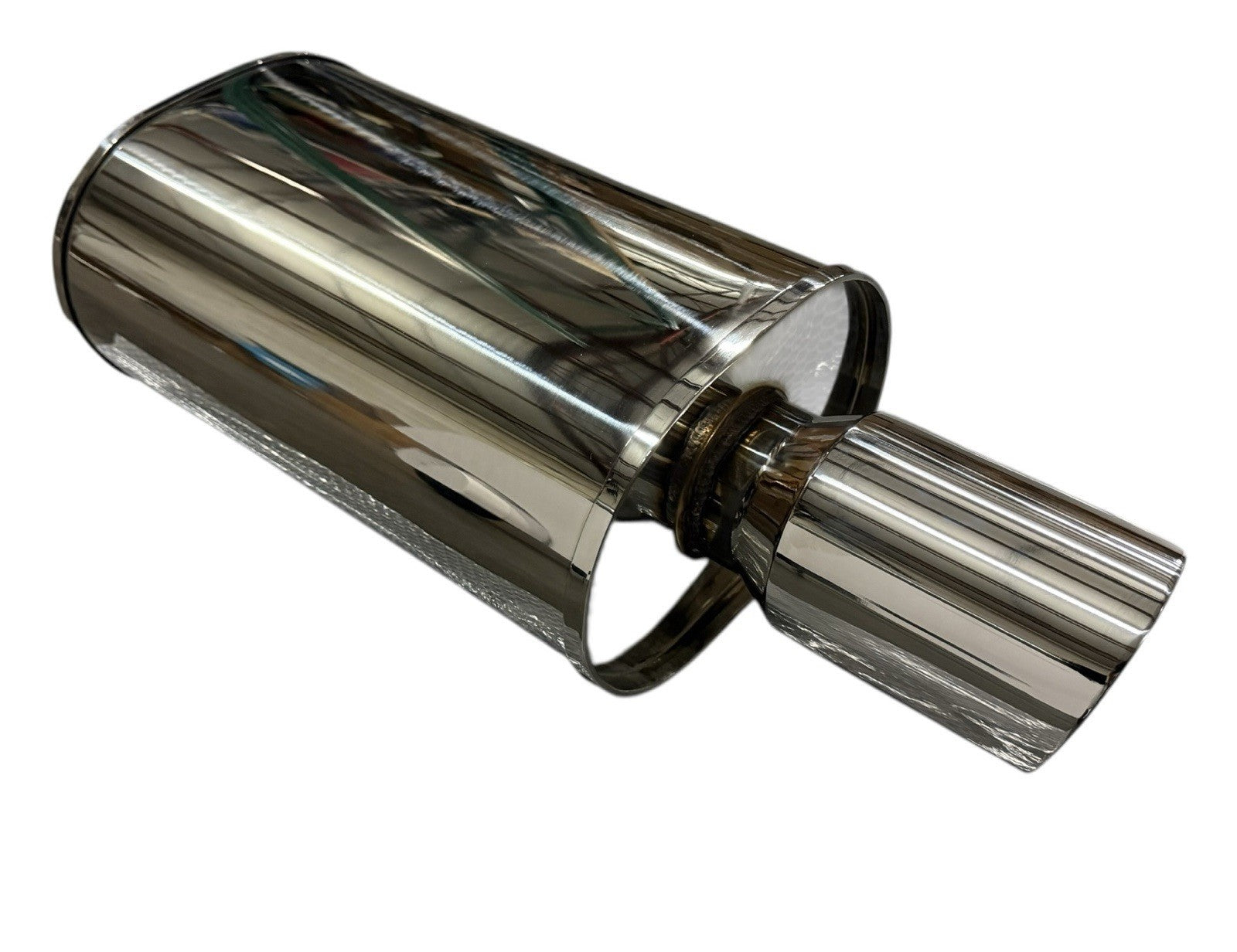 Polished dual wall universal short tip muffler with 3-inch inlet and 3.5-inch outlet, designed for exhaust systems by JackSpania Racing.