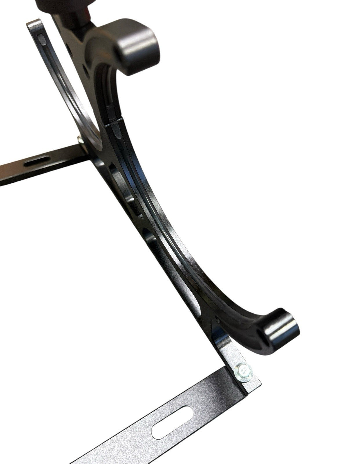 JackSpania Racing black billet aluminum dual bottle holder bracket for Nitrous Oxide NOS, designed for 7-inch bottles, exterior mounting.