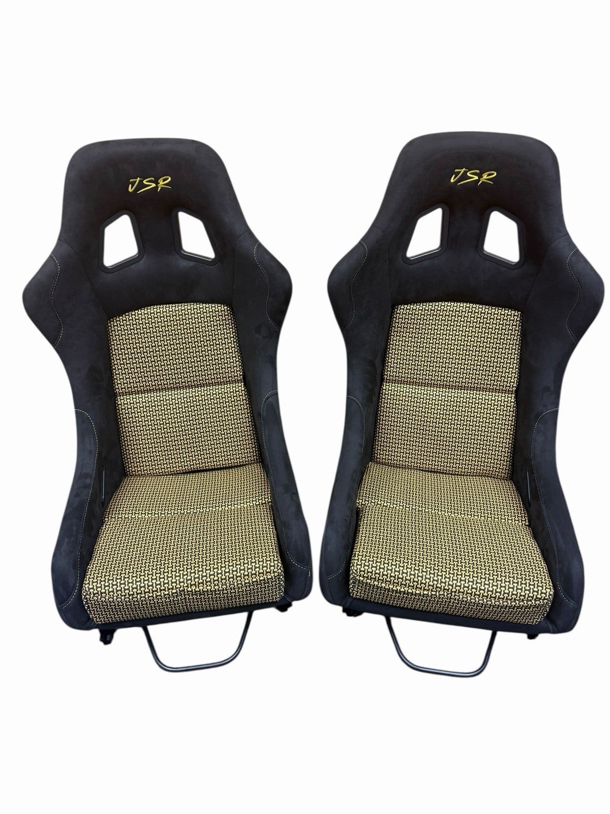 JackSpania Racing universal lightweight fixed bucket seat with suede upholstery, mounted with rails and sliders for interior car racing setup.