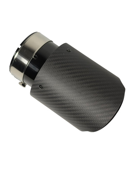 JackSpania Racing carbon fiber exhaust pipe tip, 3-inch universal tailpipe with sleek black finish and polished edge.