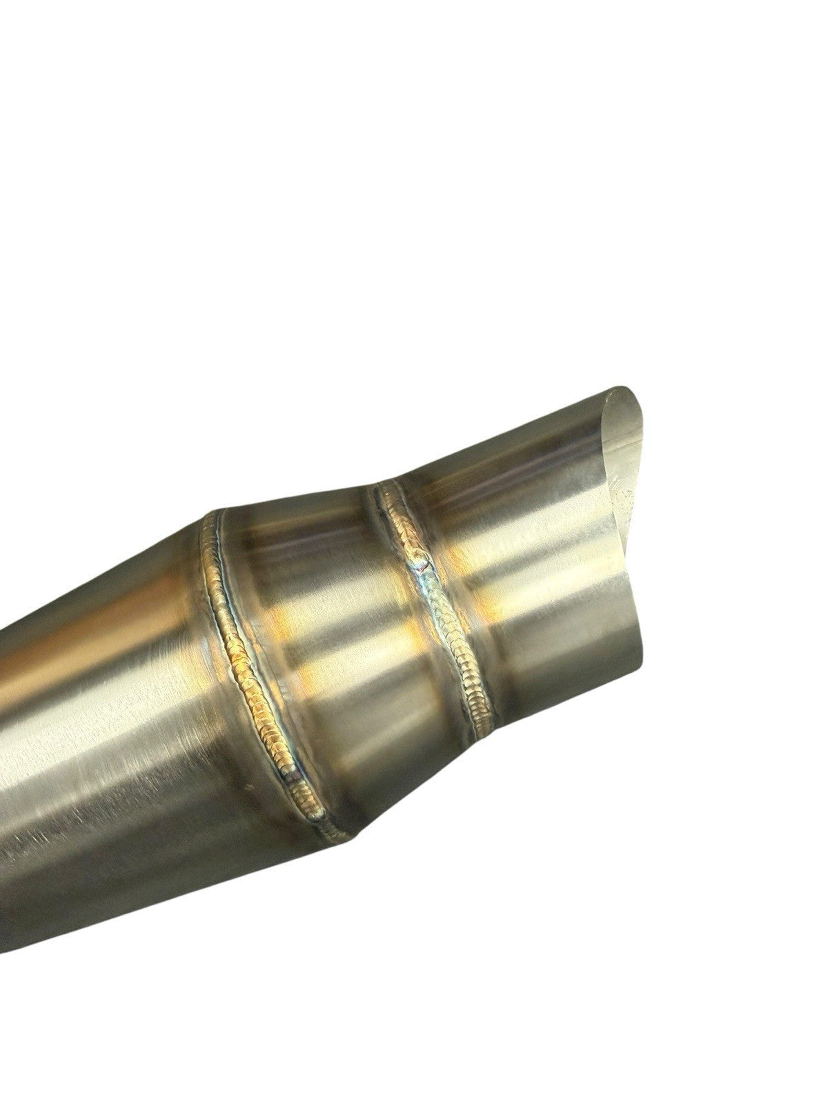 JackSpania Racing 2.5-inch stainless steel custom megaphone exhaust pipe with reverse cone hood exit showing polished finish and mounting details.