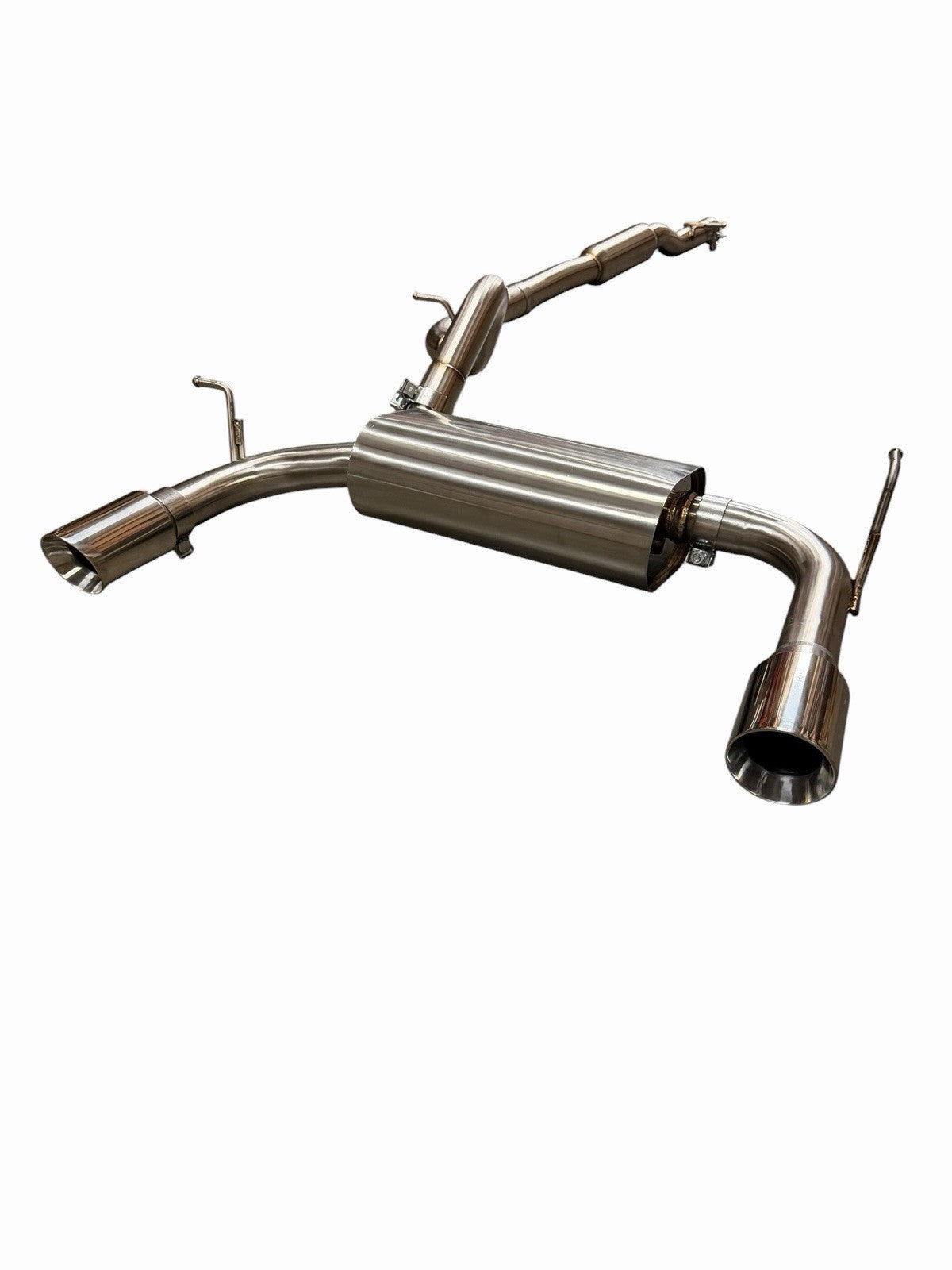 Stainless steel dual tip exhaust system for 2007-2018 Jeep Wrangler JK by JackSpania Racing, shown installed on vehicle.