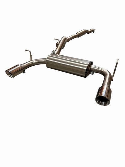 Stainless steel dual tip exhaust system for 2007-2018 Jeep Wrangler JK by JackSpania Racing, shown installed on vehicle.