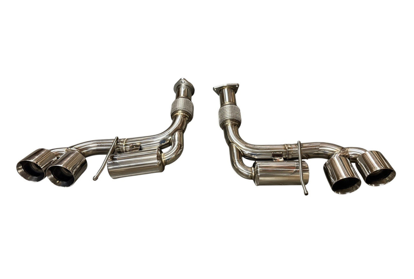 JackSpania Racing axle back exhaust for Chevrolet Corvette C8 2020+ 6.2L V8, featuring dual mufflers and chrome finish.