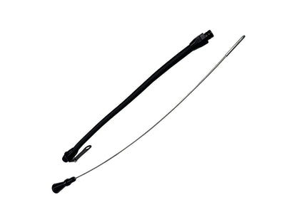 JackSpania Racing billet aluminum JZ engine steel braided oil dipstick for 1JZ and 2JZ Supra swaps, with detailed markings.