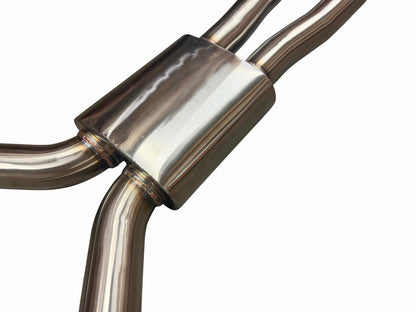 3-inch dual cat back exhaust muffler system for 2016-2023 Infiniti Q50 Q60 3.0T RWD by JackSpania Racing, showing polished metal pipes