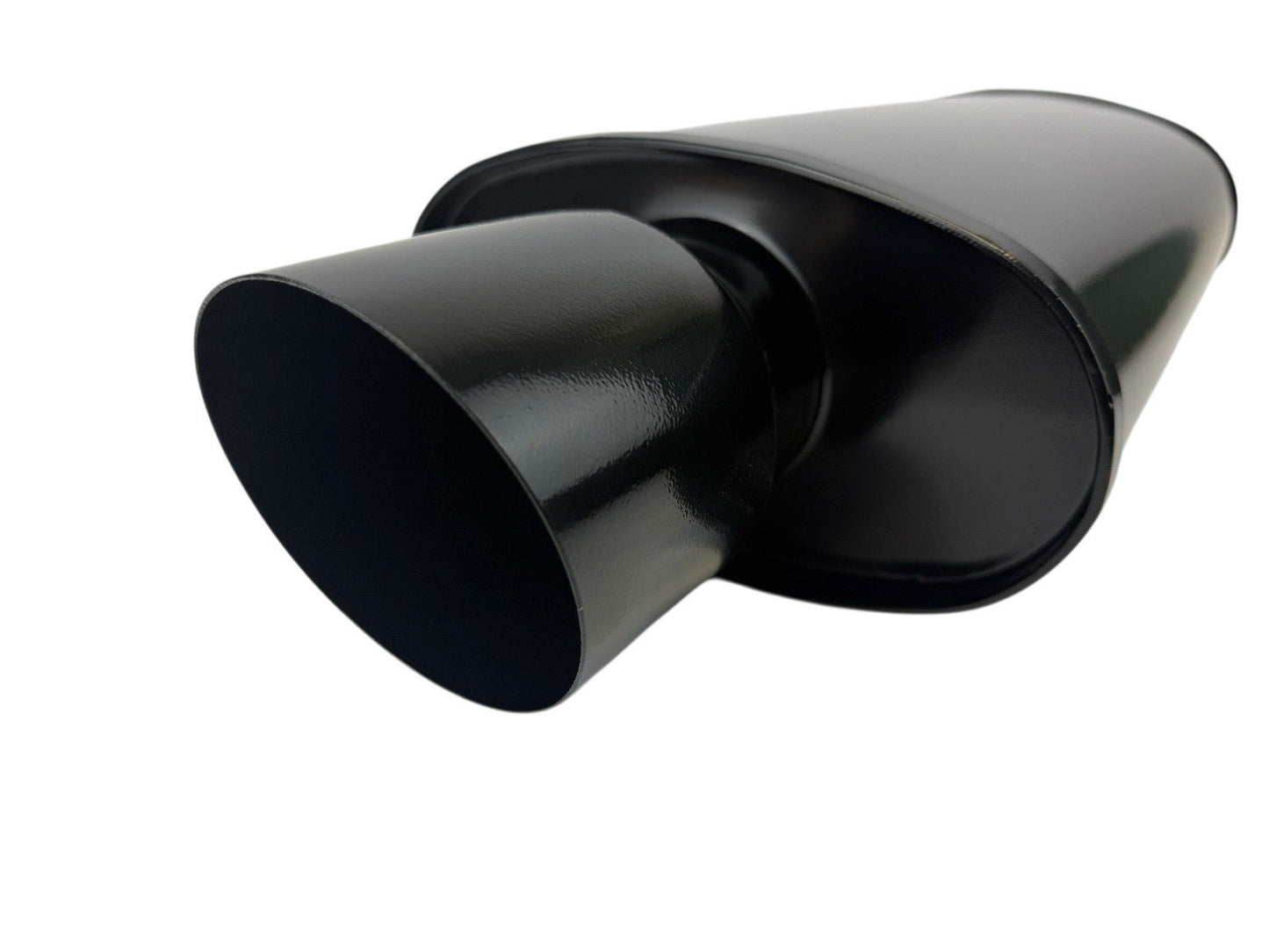 Black JackSpania Racing single wall exhaust muffler with 3-inch inlet and 3.5-inch oval outlet, short tip for universal vehicles.