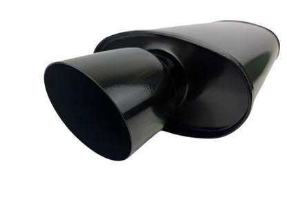 Black JackSpania Racing single wall exhaust muffler with 3-inch inlet and 3.5-inch oval outlet, short tip for universal vehicles.