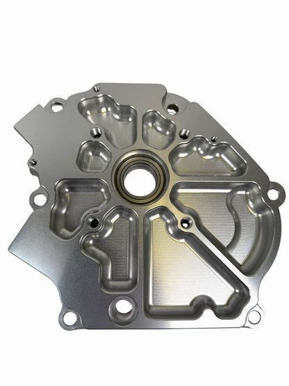 Dual bearing billet side cover for GX200 Predator and Hemi engines, compatible with Tillotson 212 and 224, by JackSpania Racing.